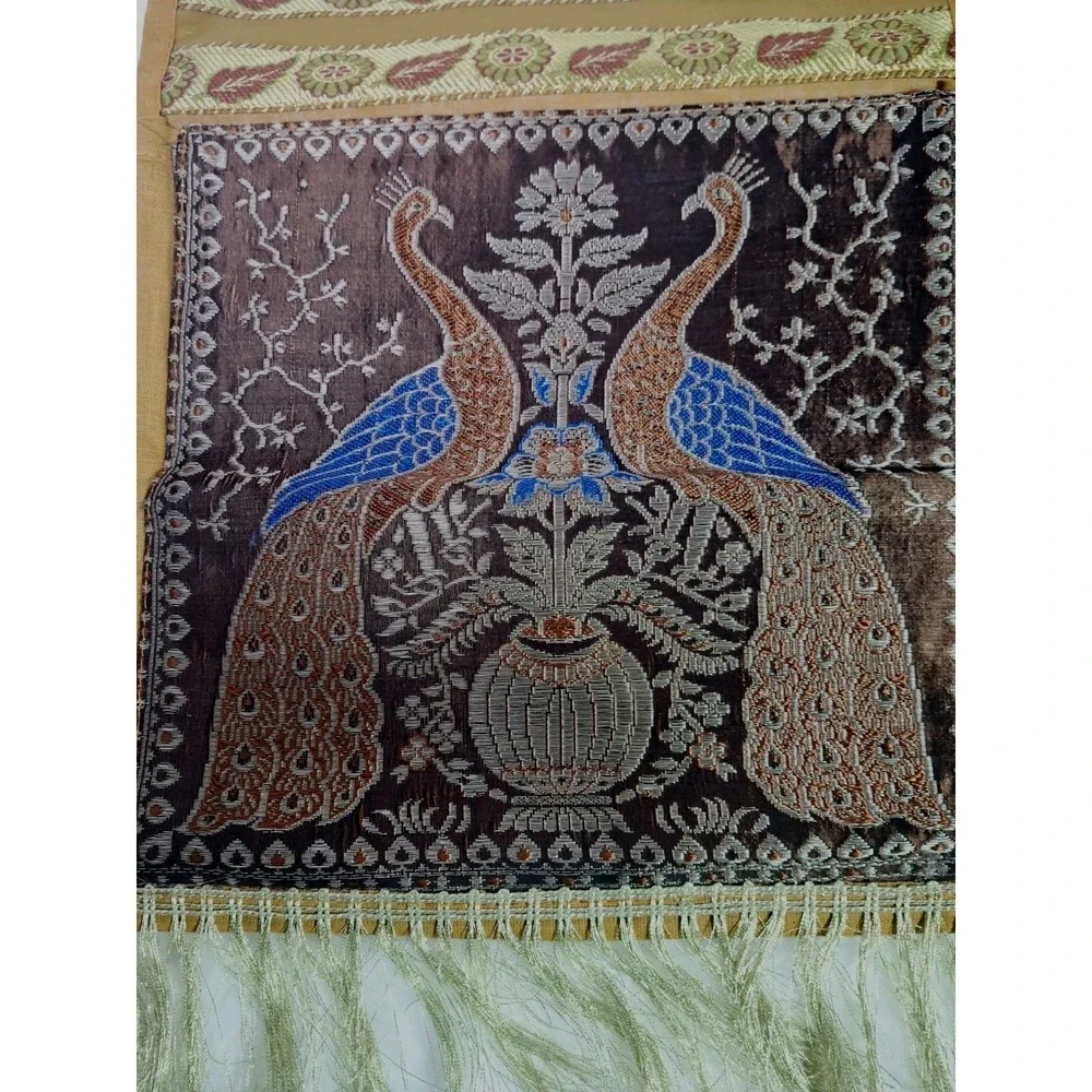 Vintage Peacock Woven Tapestry Wall Hanging Fringed Textile Boho India Pocket